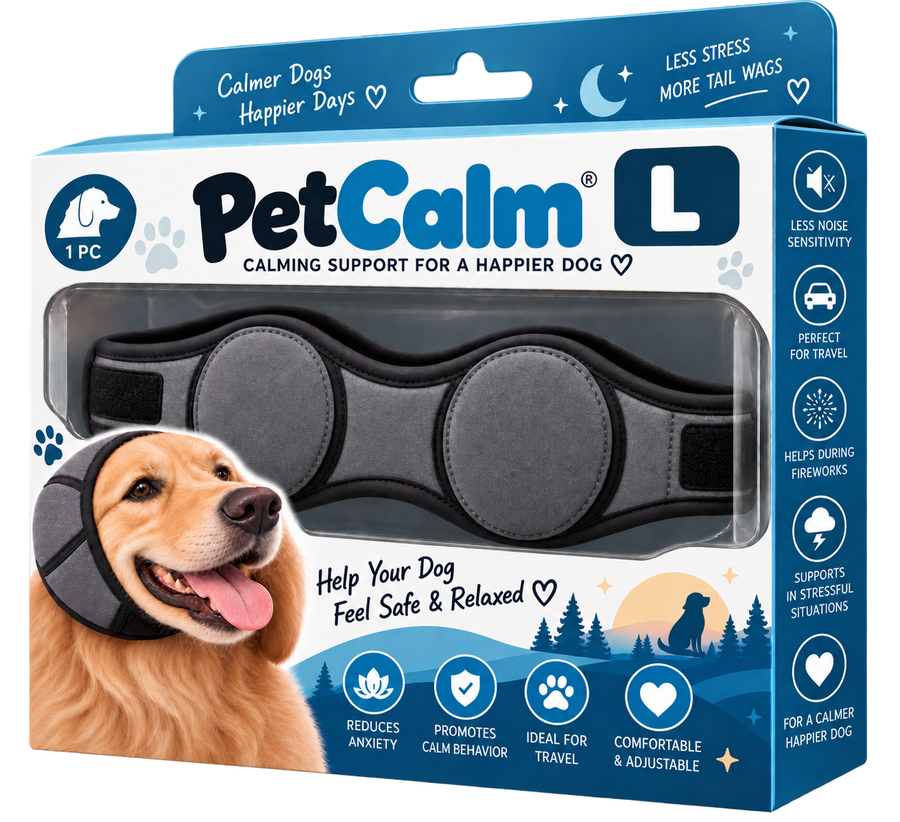 PetCalm nella sua confezione, con la fascia imbottita e la chiusura a strappo — L