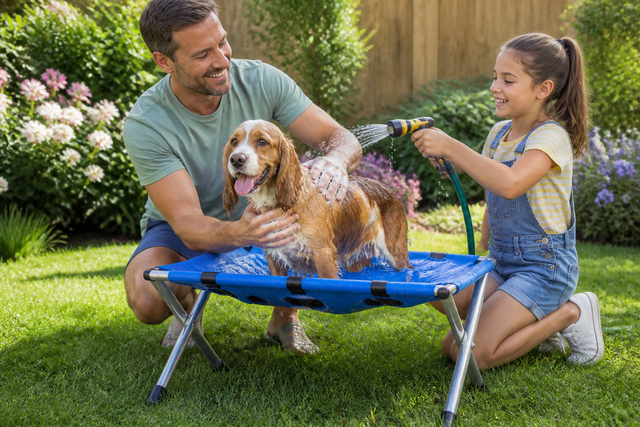 Un cane lavato sullo sgabello PetBath in giardino