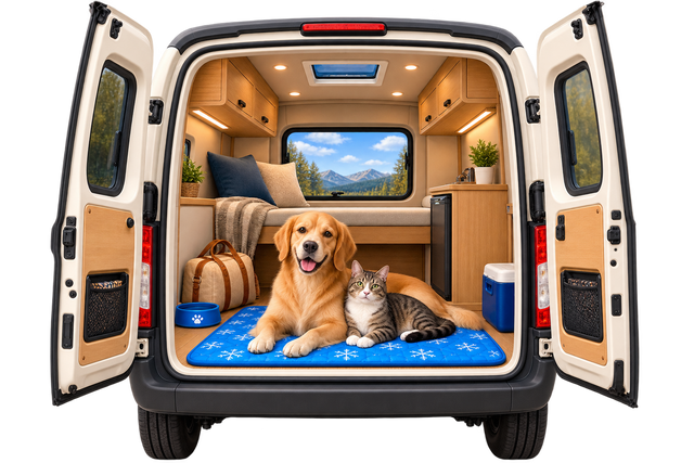 Il tappetino PetCarpet nel bagagliaio con un cane sopra