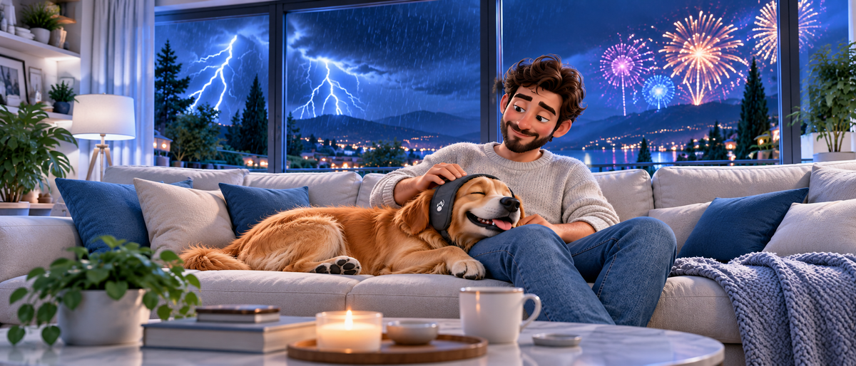 Un cane con PetCalm indossato sulle orecchie