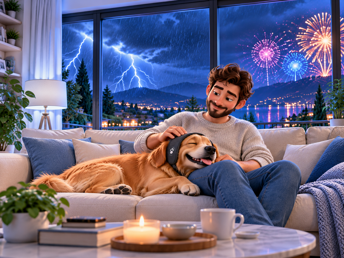 Un cane con PetCalm indossato sulle orecchie