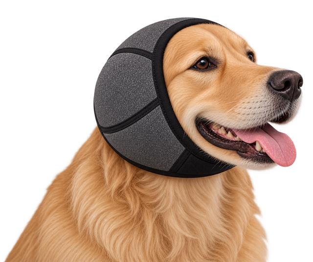 Cane con PetCalm, orecchie riparate dall'acqua