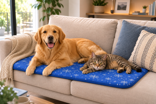 Il tappetino PetCarpet appoggiato sul divano con un cane sopra