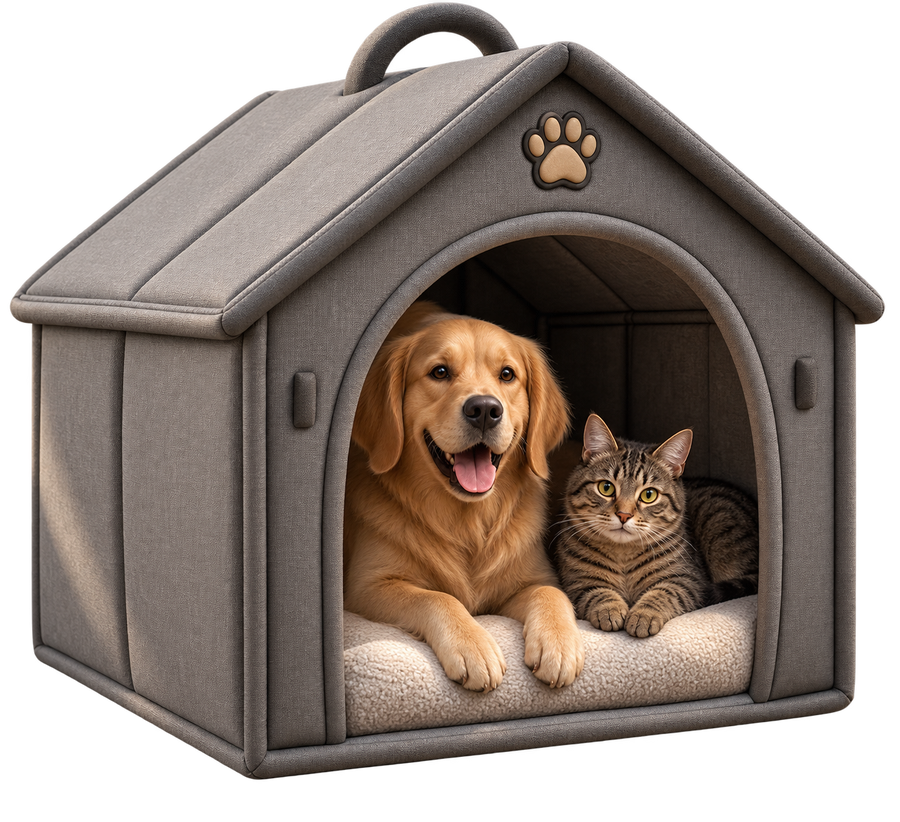 Cuccia Pet House grigia con un cane e un gatto sdraiati dentro