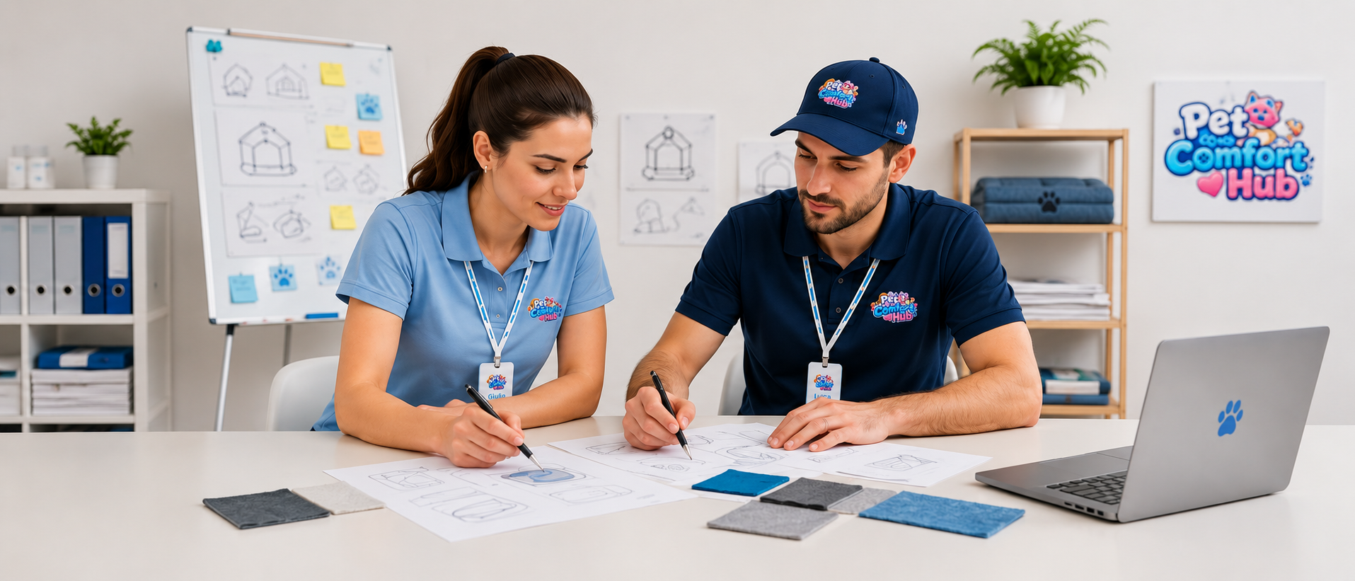 Due persone del team Pet Comfort Hub al lavoro su nuovi prodotti per cani e gatti
