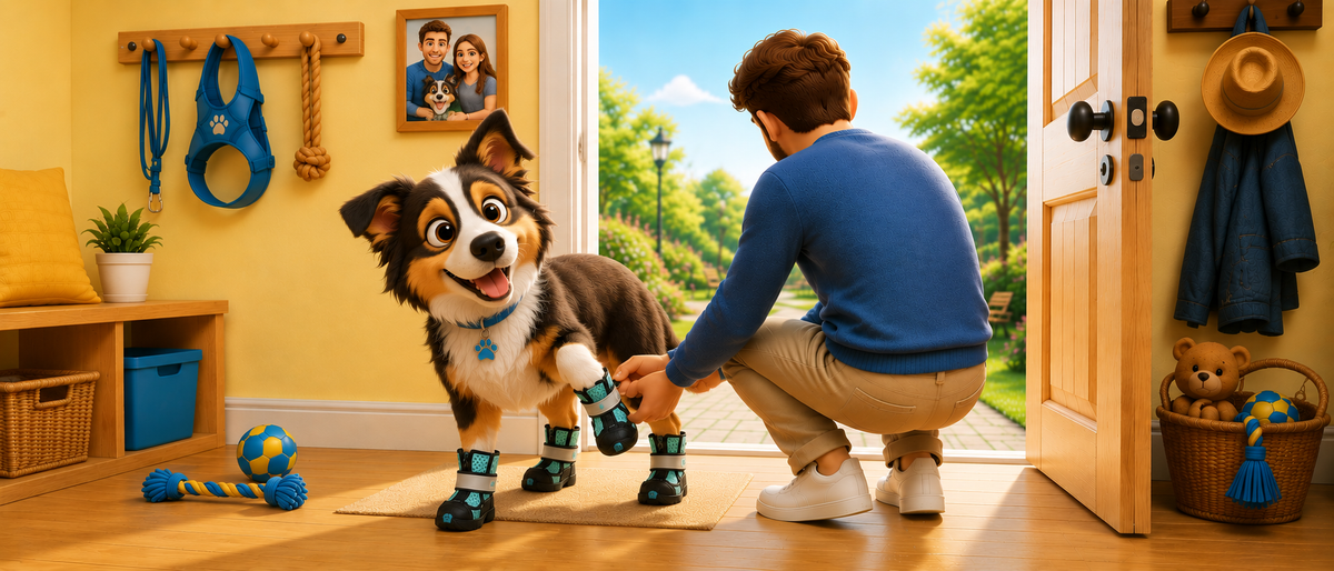Un cane con le scarpette PetBoots durante una passeggiata