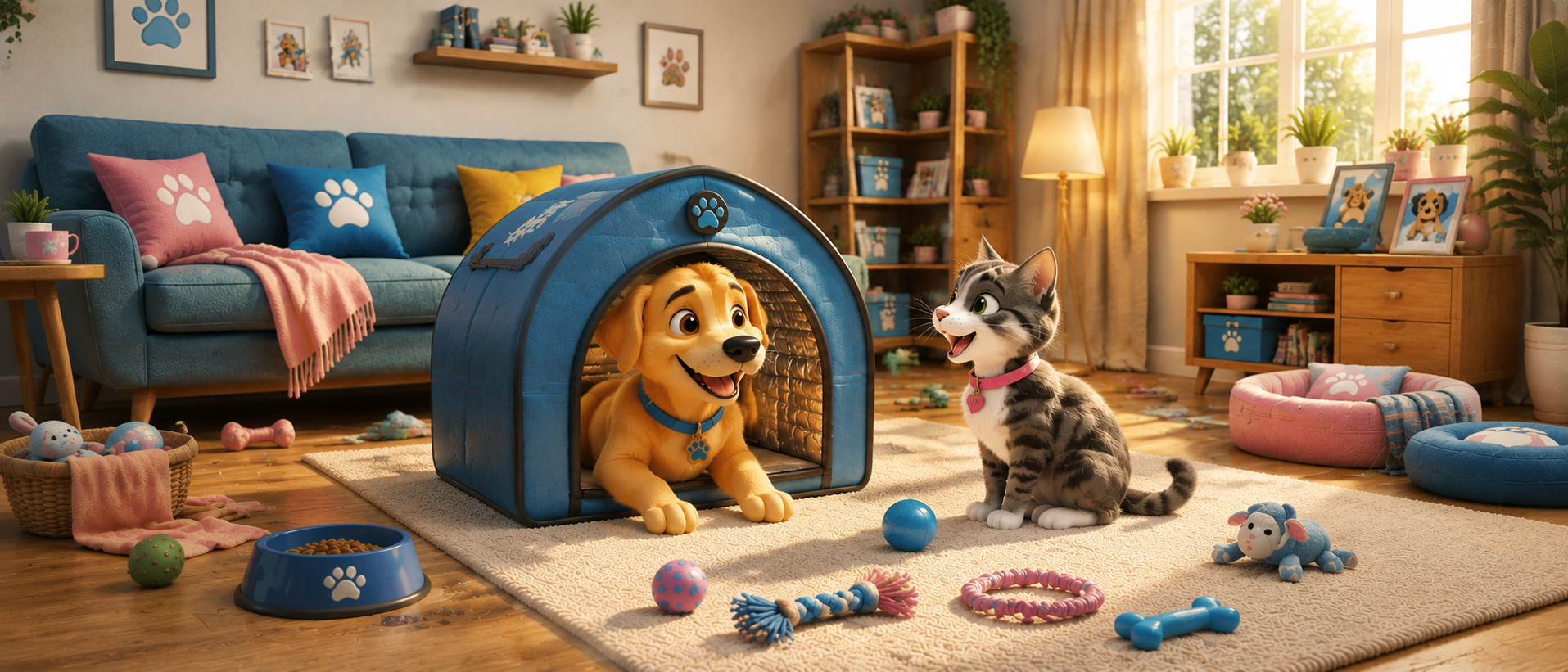 Un cane e un gatto accanto alla cuccia Pet House in salotto