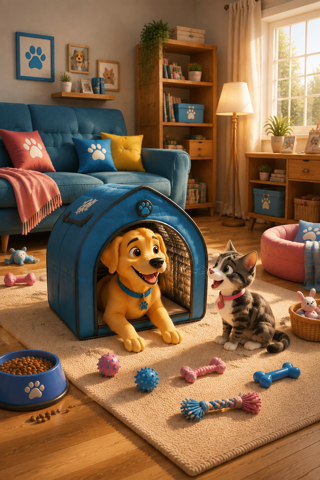 Un cane e un gatto accanto alla cuccia Pet House in salotto