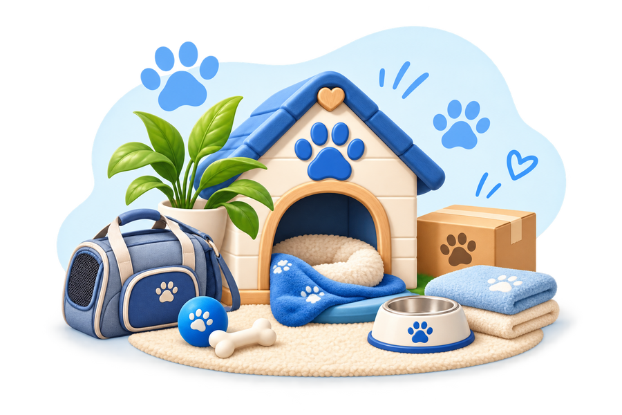 Illustrazione con casetta, trasportino, ciotola, coperta e accessori Pet Comfort Hub