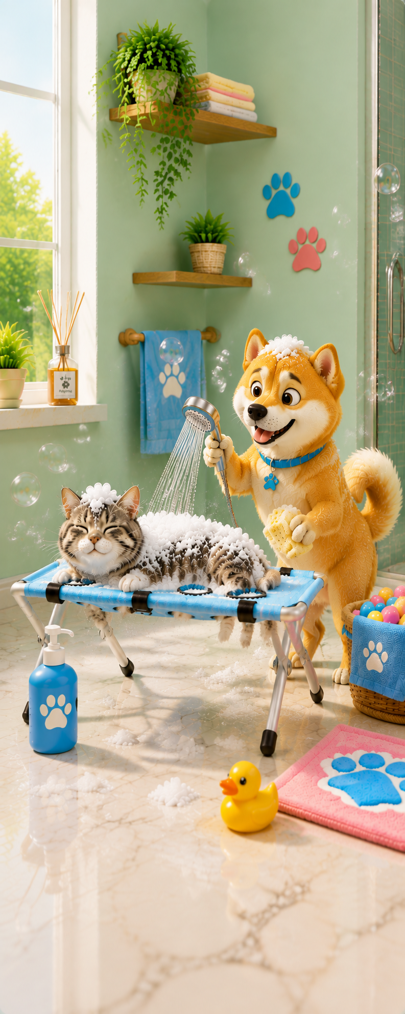 Un cane sullo sgabello PetBath durante il bagno