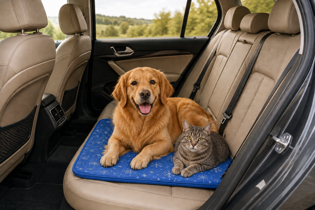 Il tappetino PetCarpet sul sedile posteriore dell'auto con un cane sopra