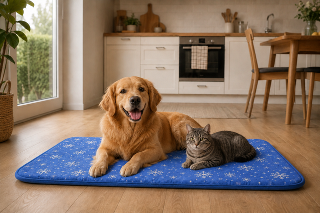 Il tappetino PetCarpet sul pavimento della cucina con un cane sopra