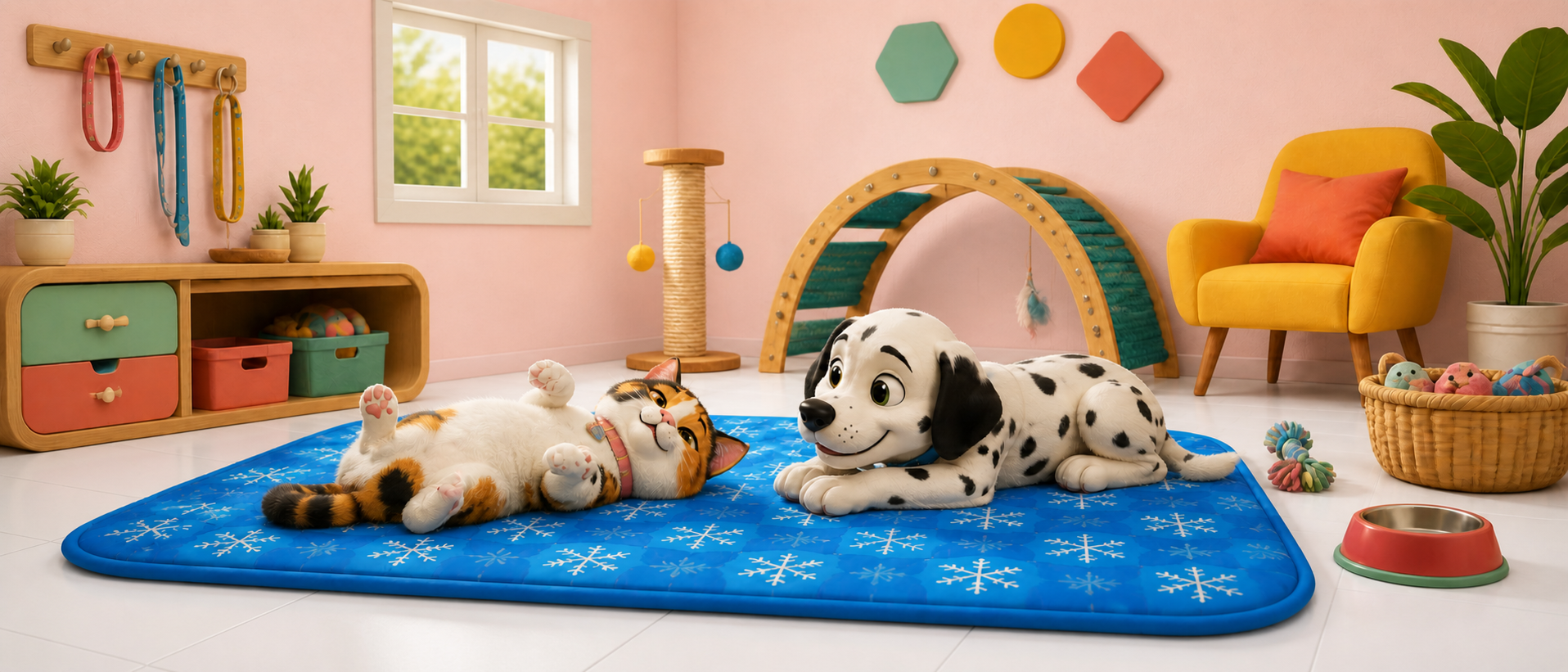 Un cane e un gatto sdraiati sul tappetino PetCarpet in una stanza
