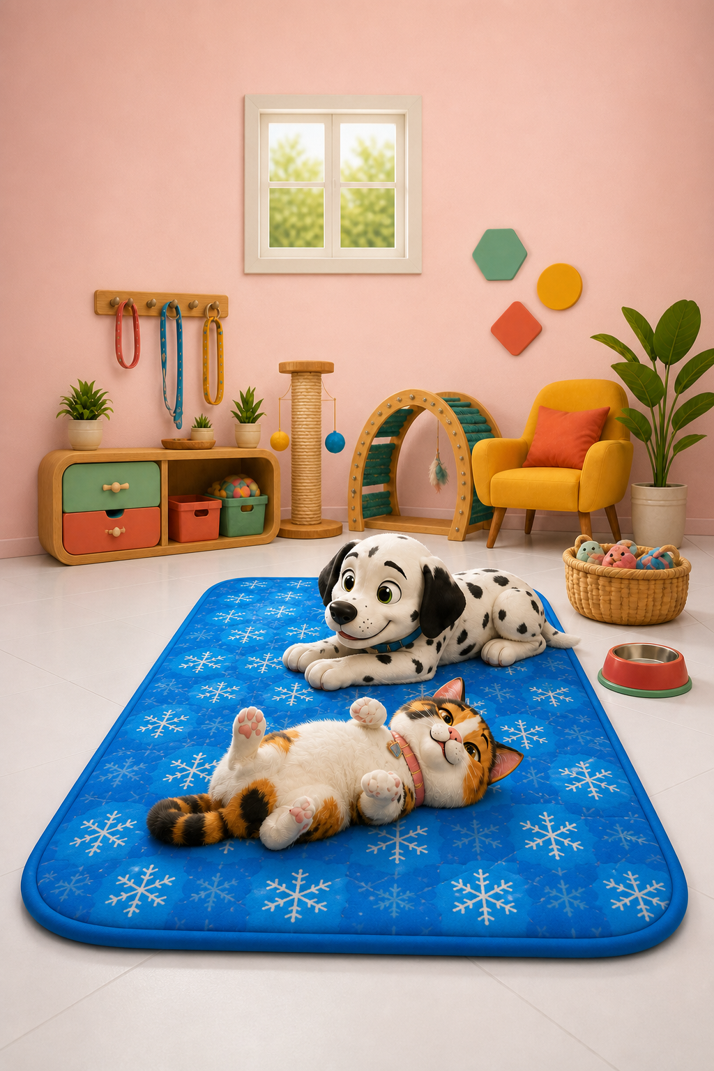 Un cane e un gatto sdraiati sul tappetino PetCarpet in una stanza