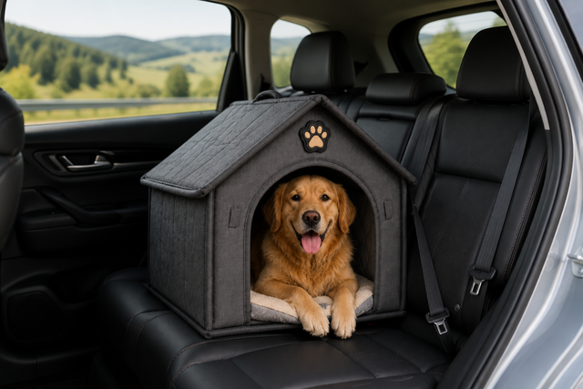 La cuccia sul sedile posteriore dell'auto con un cane dentro