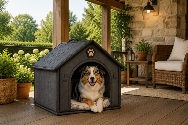 La cuccia sotto un portico con un cane dentro