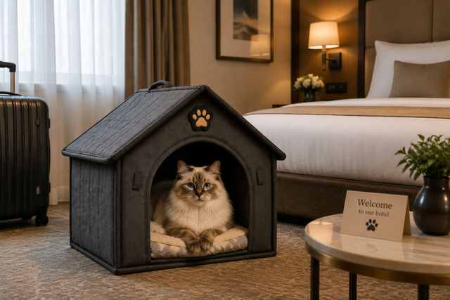 La cuccia in una camera d'albergo con un gatto dentro